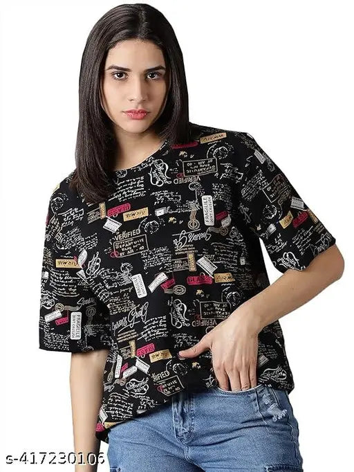 Lycra short-sleeve printed women's t-shirt, available in S, M, L, XL, XXL. Indian-made garment on hanger