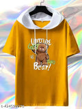 Mustard yellow cotton linen teddy printed hoodie t-shirt, short sleeves with a cozy feel and vibrant design