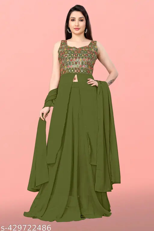 Olive green traditional women's top with matching dupatta and bottom