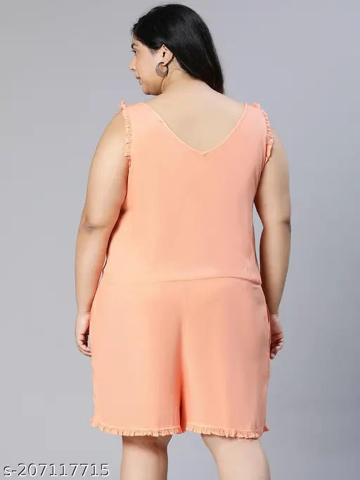 Coral viscose playsuit, relaxed fit, v-neck, ruffles, elastic waistline - plus size women's fashion from India