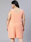 Coral viscose playsuit, relaxed fit, v-neck, ruffles, elastic waistline - plus size women's fashion from India