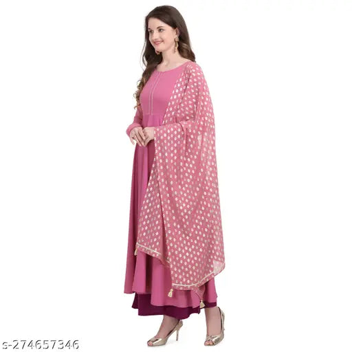 Pink French Rose Crepe Anarkali Kurti Set with Dupatta, Solid design by Fab Galaxy on a mannequin