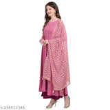 Pink French Rose Crepe Anarkali Kurti Set with Dupatta, Solid design by Fab Galaxy on a mannequin