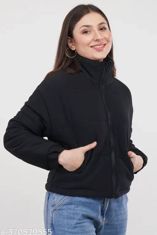 Polycotton full sleeves oversized bomber jacket for women, solid pattern, free size (bust 40in, length 21in), trendy fashion accessory