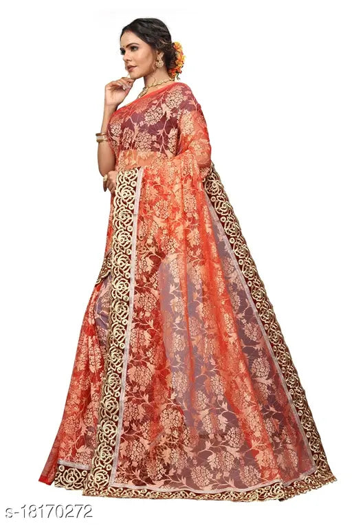 Embellished net saree with separate dupion silk blouse, single free size (India-made)