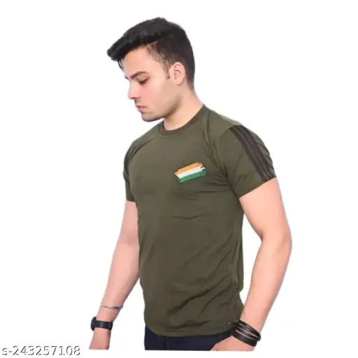 Indian Army Green Half Commando Cotton Blend T-shirt, short sleeve, embroidered net pattern, M (38in chest, 27in length), made in India