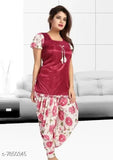 Divine alluring satin nightsuit in solid pattern, women's partiala pants with short sleeves, made in India
