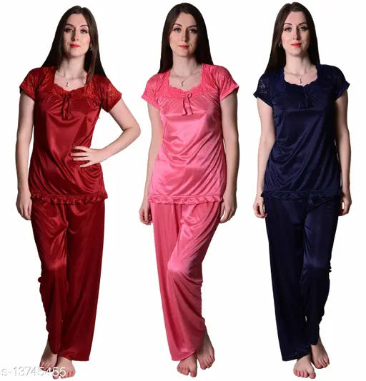 Maroon satin pyjama set (3-pack): Coral pink and navy half sleeves for women, India origin