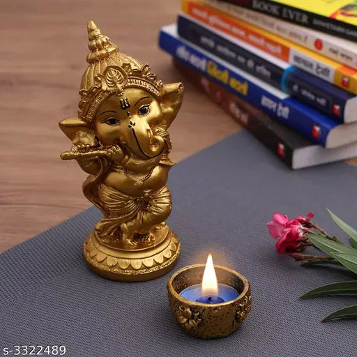 Resin Lord Ganesha statue with diya, golden decorative Vinayaka idol, ideal for home, office, or gift, Indian origin