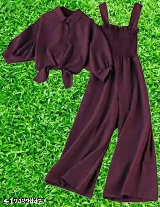 Crepe crested women's top & bottom set in solid net, sleeveless with long sleeve jumpsuit. High-quality, comfortable, and stylish Indian fashion for special occasions. Size: S/M/L