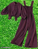 Crepe crested women's top & bottom set in solid net, sleeveless with long sleeve jumpsuit. High-quality, comfortable, and stylish Indian fashion for special occasions. Size: S/M/L