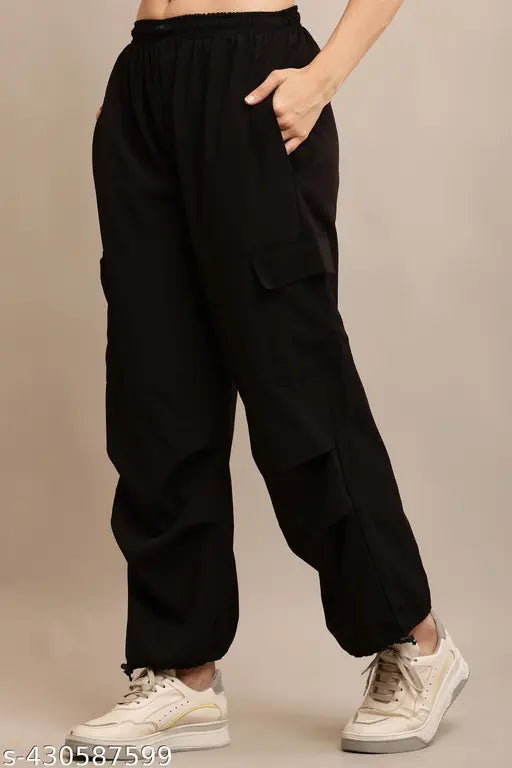 Black lycra cargo pants with elastic waistband