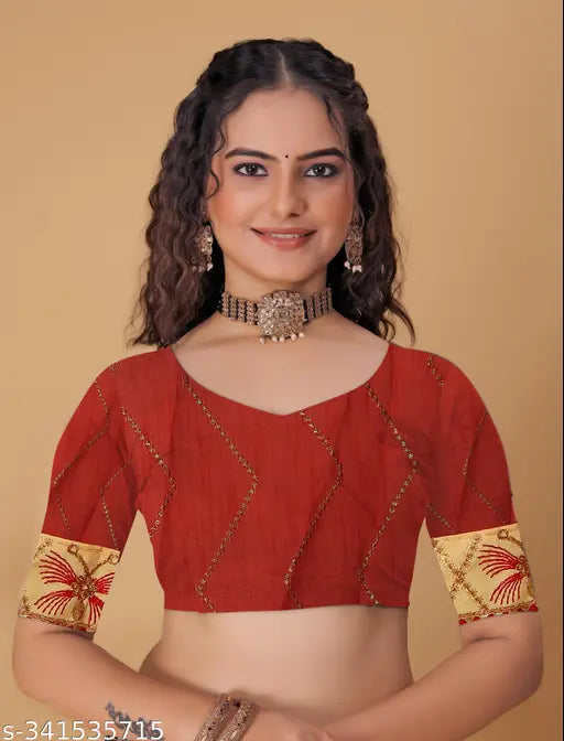 Women's silk saree with embroidery, red and gold embroidery, included blouse
