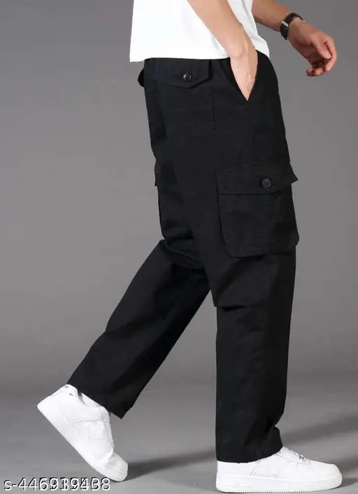 Men's black cargo jeans with side pockets and adjustable straps