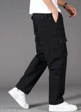 Men's black cargo jeans with side pockets and adjustable straps