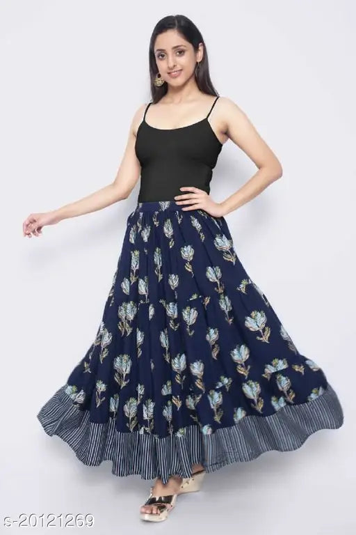 Black long skirt with floral pattern for women