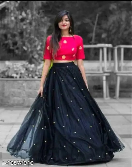 Black net lehenga choli with embroidered work, traditional Indian bridalwear. Semi-stitched design, free size. India origin