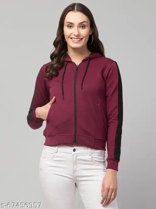 Solid-colored women's long-sleeved hooded fleece jacket, warm & comfortable, Indian origin