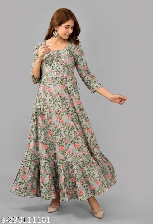 Fabulous embroidered cotton anarkali kurta, three-quarter sleeves, vibrant Indian print. Size options: S, M, L, XL, XXL, XXXL, 4XL