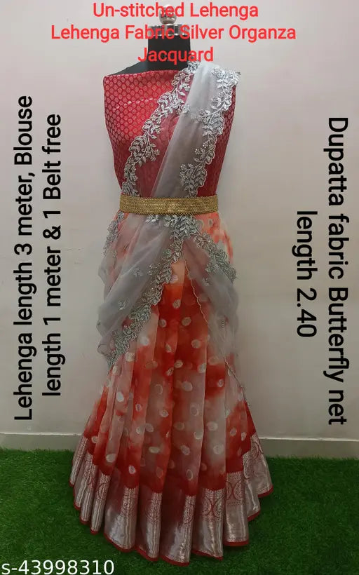 Red organza lehenga choli set with silver net dupatta, unstitched in Indian south style, embellished with embroidery