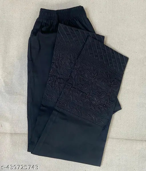 Black Embroidered Net Lucknowi Cotton Lycra Pant/Trouser for Women with Both Side Pockets