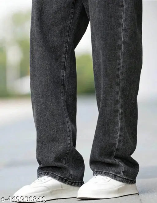 Black denim jeans, faded wash, wide legs, zip fly