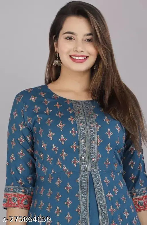 Royal Blue Rayon Anarkali Gown with gold prints and front slit, three-quarter sleeves. Indian ethnic wear for women." (109 characters)