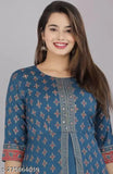 Royal Blue Rayon Anarkali Gown with gold prints and front slit, three-quarter sleeves. Indian ethnic wear for women." (109 characters)