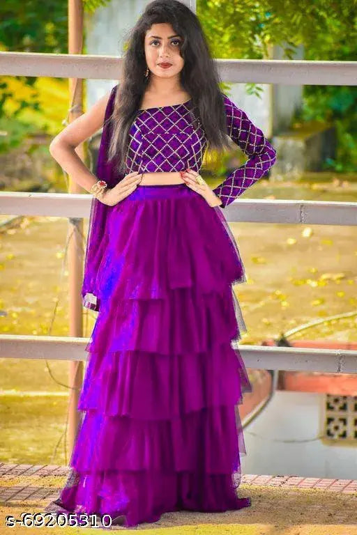 Designer embroidered ruffle Art Silk lehenga-choli with net dupatta set, checkered pattern top and solid dupatta, semi-stitched (42in waist, 40in length)