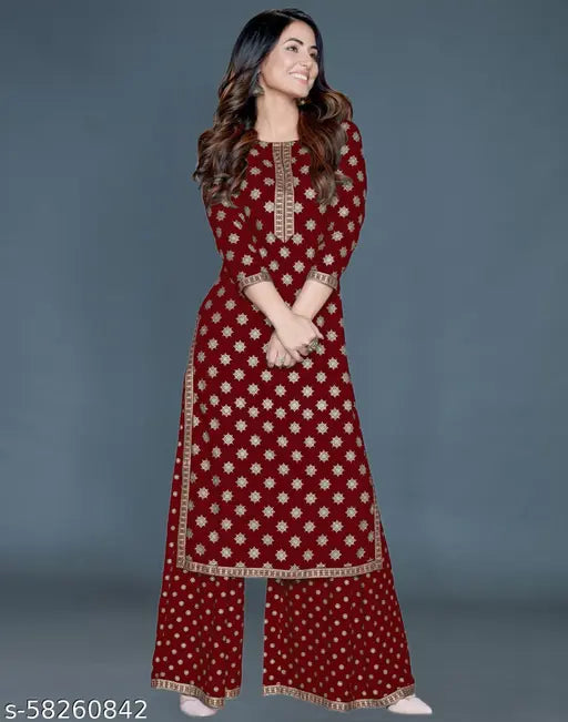 Maroon rayon printed Heena Khan Kurta and Palazzo set, AHINSA FASHION's elegant Indian outfit on mannequin