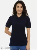 Dark blue polycotton solid women's polo neck T-shirt by Spylark, short sleeves