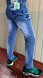 Blue stretch denim jeans with distressed wash