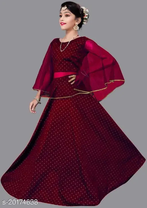 Princess Stylish Kids Linen Taffeta Silk Lahanga Cholis, printed with micro stitch in Indian design, sleeveless and available in sizes 4-5 years, 6-7 years, and 8-9 years