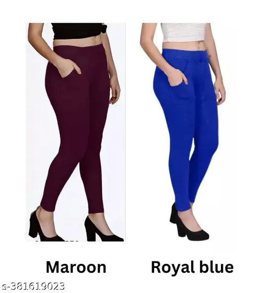 Maroon cotton blend pocket jeggings pack of 2, versatile ankle length free-size legging alternative with stretchable waist (26in-34in), Indian-made