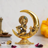 Gold-plated Krishna idol on moon playing flute, 6x5.5 inches decorative showpiece for office or home, Diwali Janmashtami Puja
