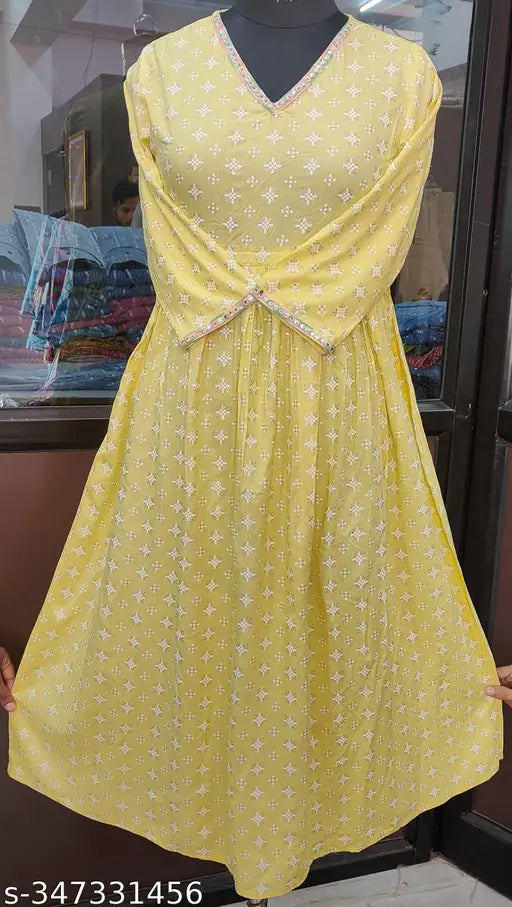 Yellow printed V neck anarkali kurta, unstitched