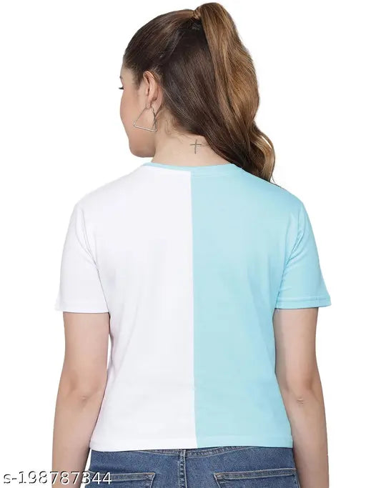 Light sky blue colorblocked cotton t-shirt for women with trendy graphics, suitable for various occasions