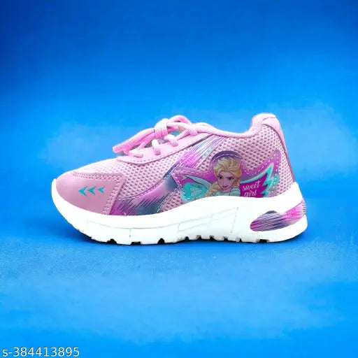 Pink Sole Paradise stylish pink mesh shoes for girls, lace-up detail on display stand, sizes: 2.5-3 years