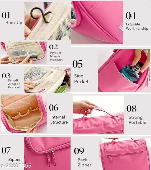 Pink fabric net pouch, ideal travel or makeup bag, organized storage solution