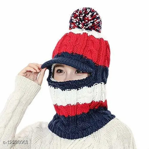 Black and grey striped pom-pom knitted winter hat infinity scarf design, neck warmer set