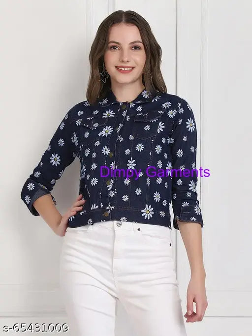 Dark blue floral printed denim jacket, Dimpy Garments brand, three-quarter sleeves, spread collar, snap button closure, long sleeves, straight hem, size S (bust 36 in, length 19 in), India-made denim jacket on model