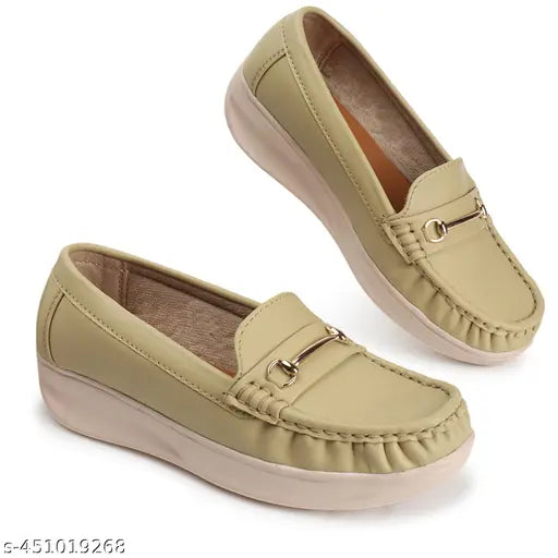 Tan synthetic leather ankle loafer shoes for women with slip-on design