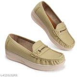 Tan synthetic leather ankle loafer shoes for women with slip-on design