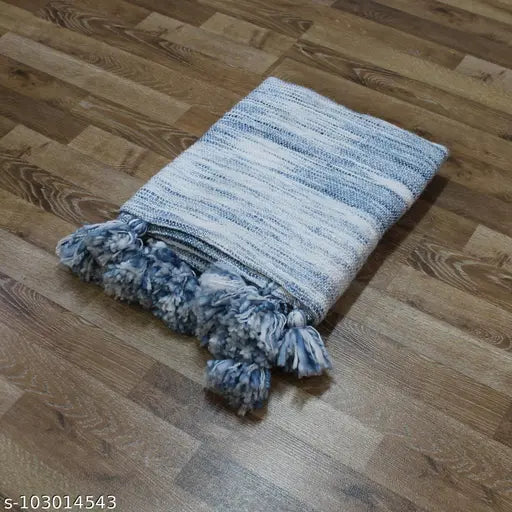 Blue acrylic throw blanket, ultra-thick, soft & cozy with long tassels fringe, Indian-made home decor
