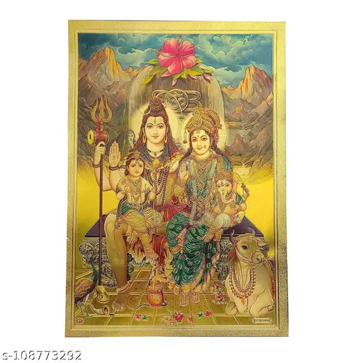 Gold-plated Shiva Parivar poster, 24k Indian art for home office worship space, 30x21cm size