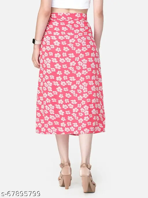 Pink printed front slit skirt