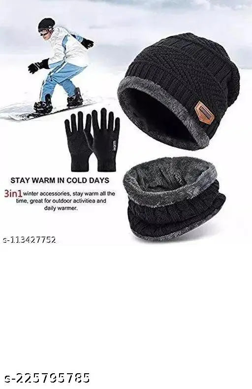 Winter black woolen beanie cap with neck warmer & cotton gloves for extra cold protection - Trendy, unisize set, ideal for men, women, outdoor activities