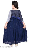 Sky blue long formal ball gown, A-line style, fitted at waist, with blue sequin trim and a flared skirt
