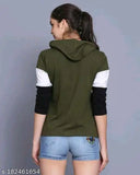 Cotton-blend colorblocked full sleeve hoodie for women, casual style