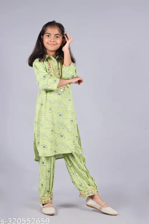 Rayon printed Nanci Girls kurta and pyjama set, vibrant Indian party wear for girls aged 5-8 years, ready to wear for ceremonial occasions like weddings, birthdays, and festivals